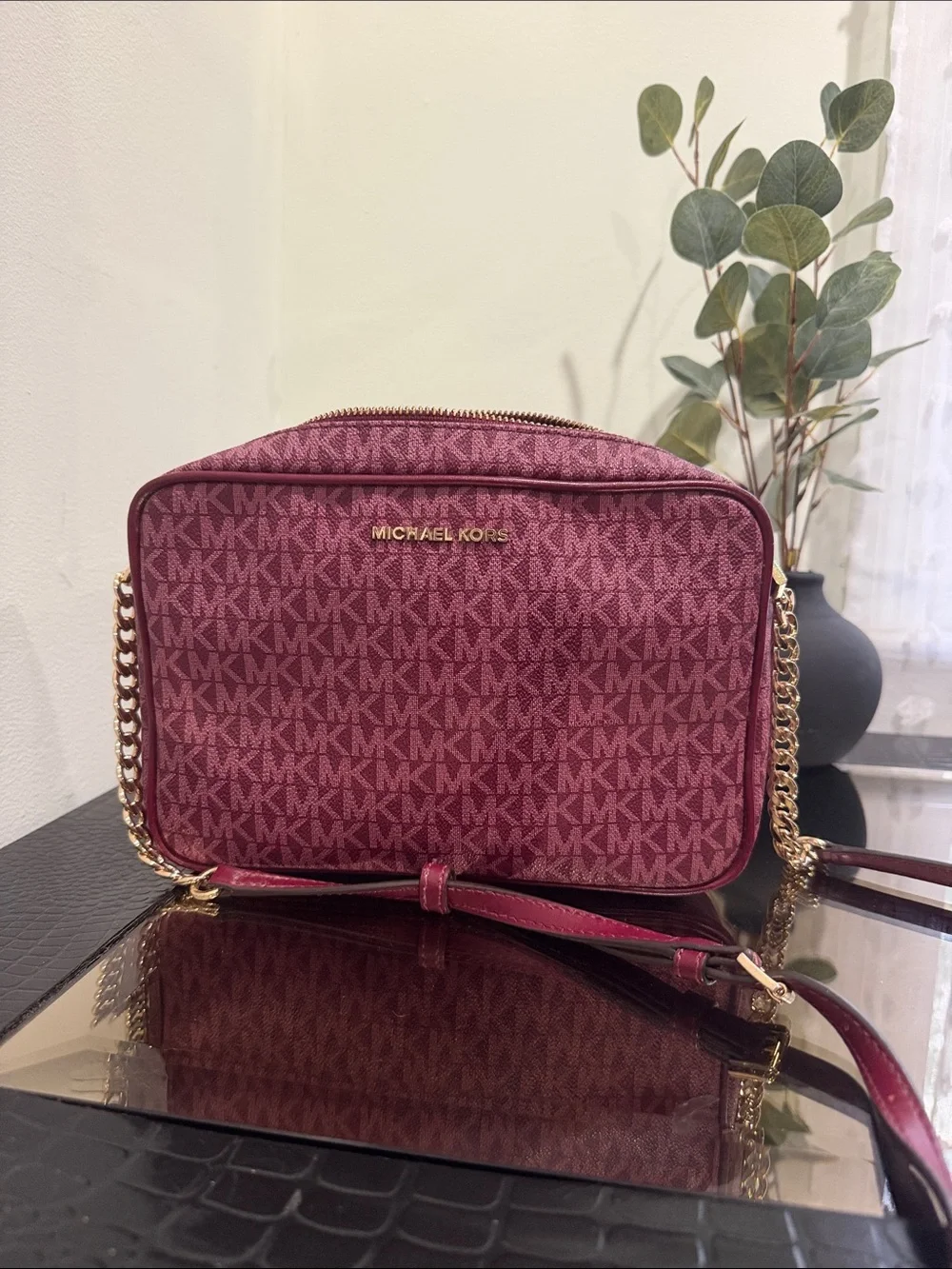 Michael Kors Rose Pink Signature MK Crossbody with Gold Chain